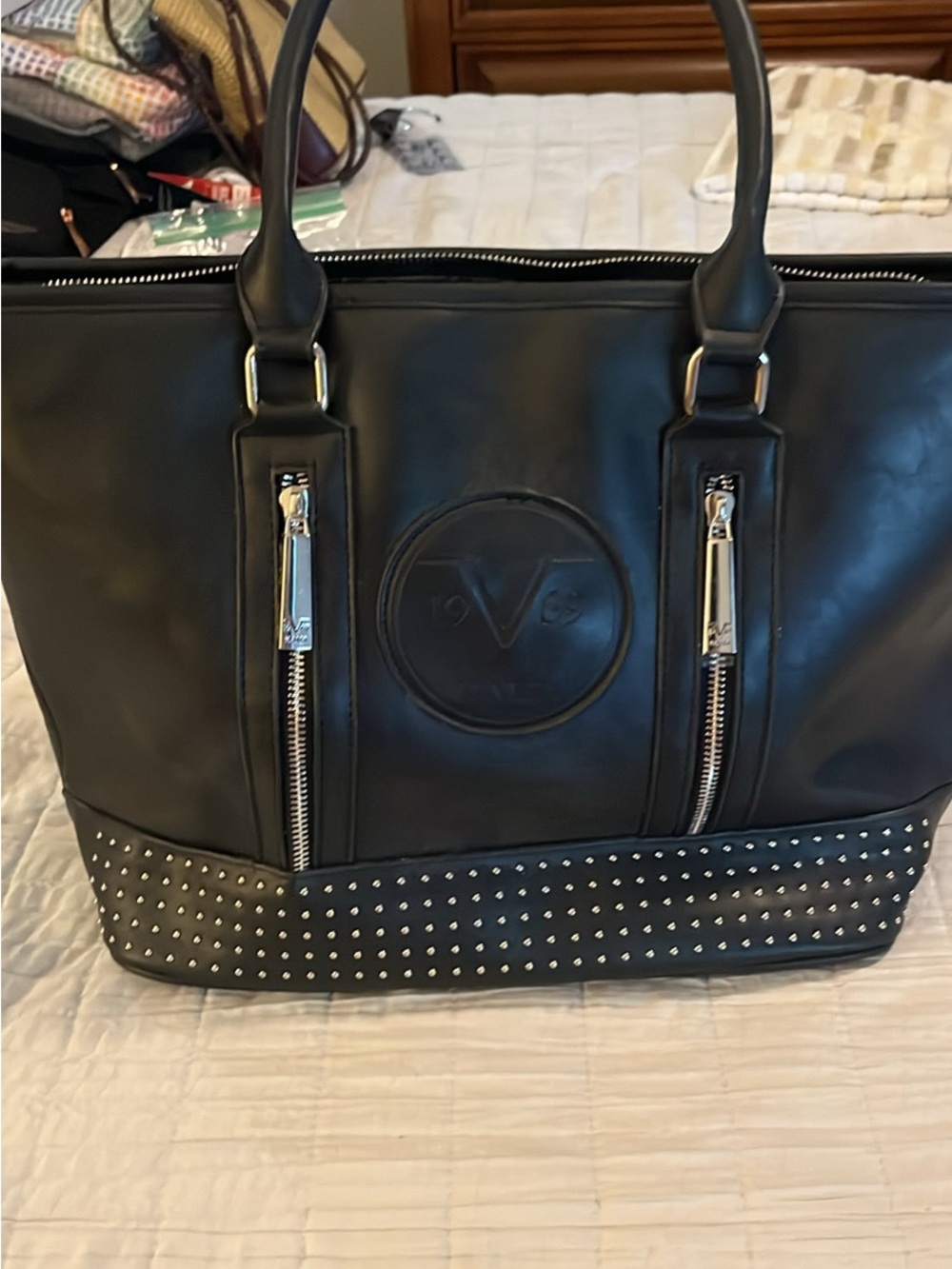 Versace Black Leather Studded Tote with Embossed Medallion